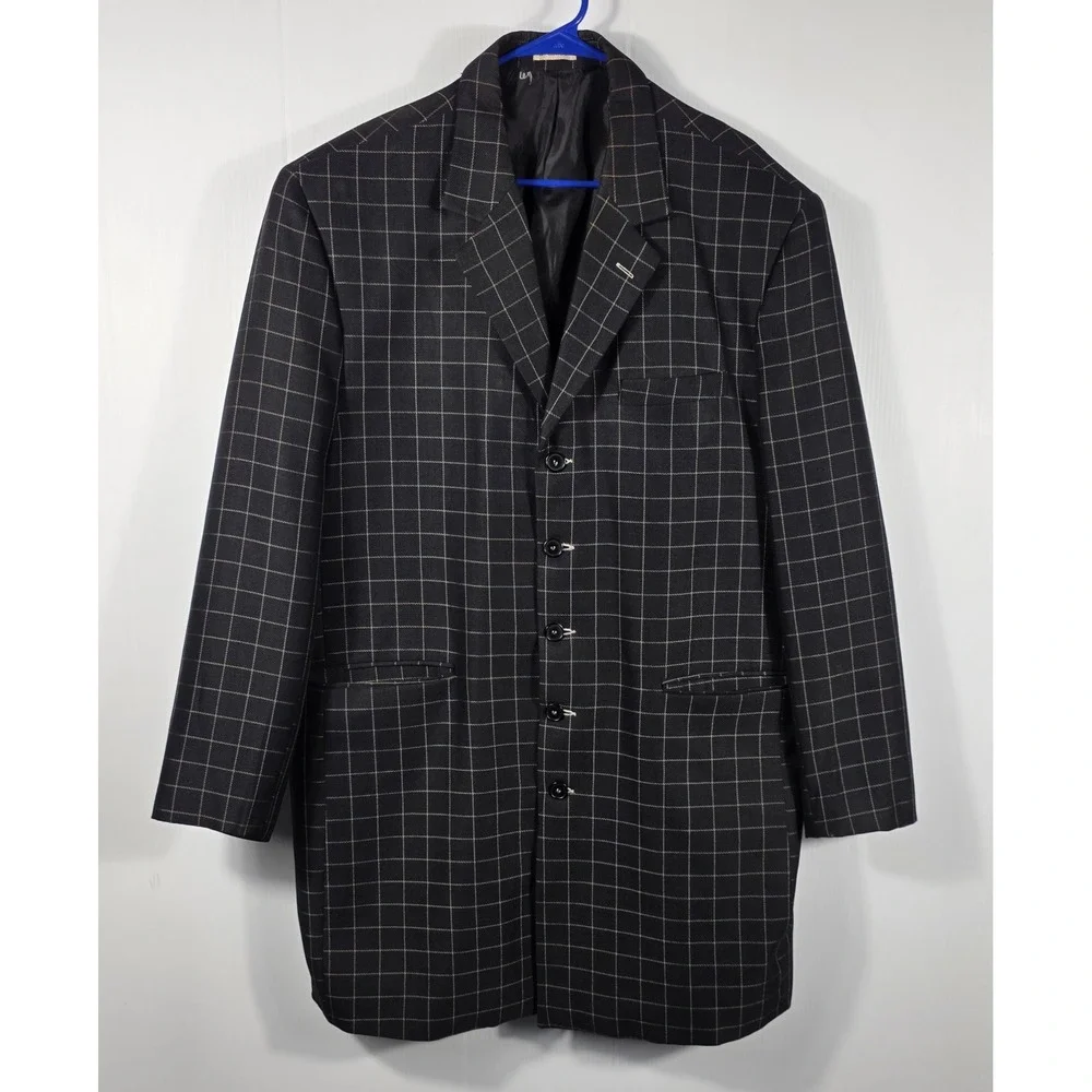 Vintage Paitano Mens Black Windowpane Grid Longline 5 Button Blazer Jacket  48R